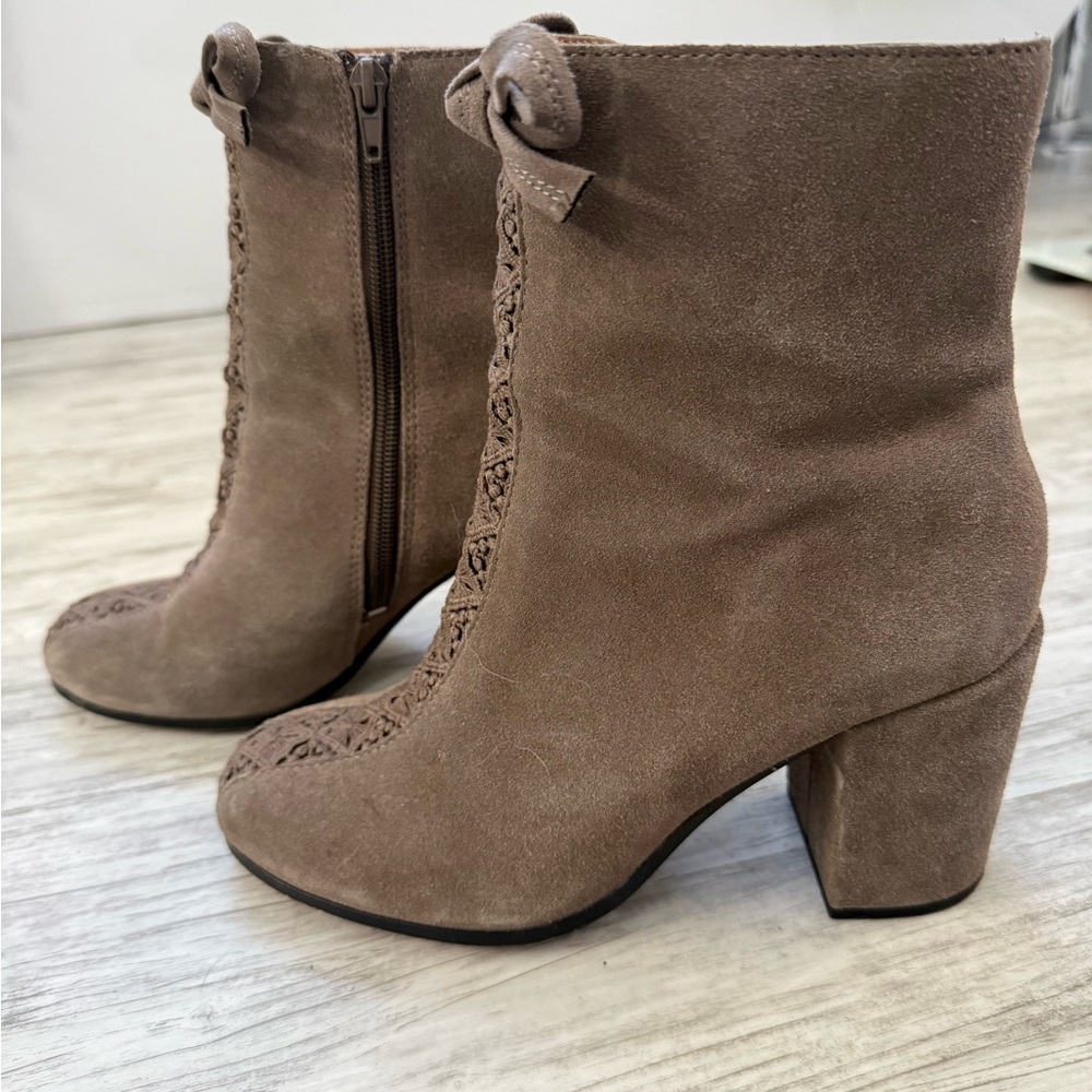 bettye muller Taupe Suede Block Heel Ankle Booties